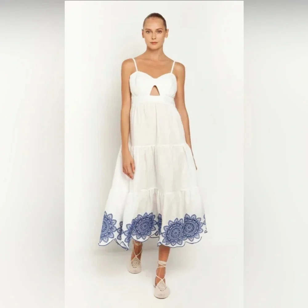 White Midi Dress with Blue Embroidered Hem